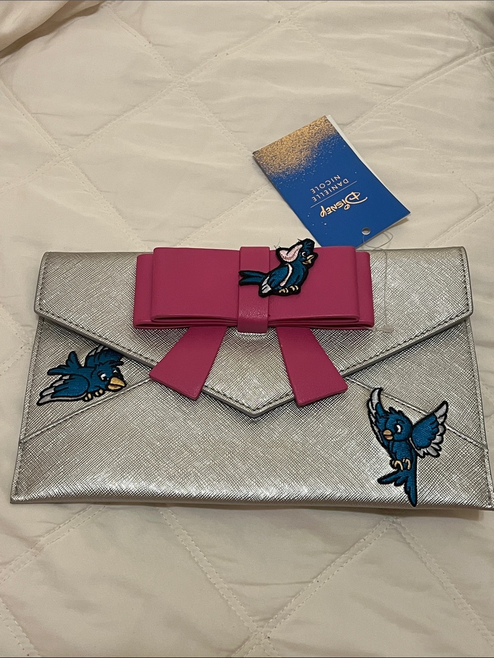 Snow White Clutch with Hot Pink Bow and Blue Bird Patches